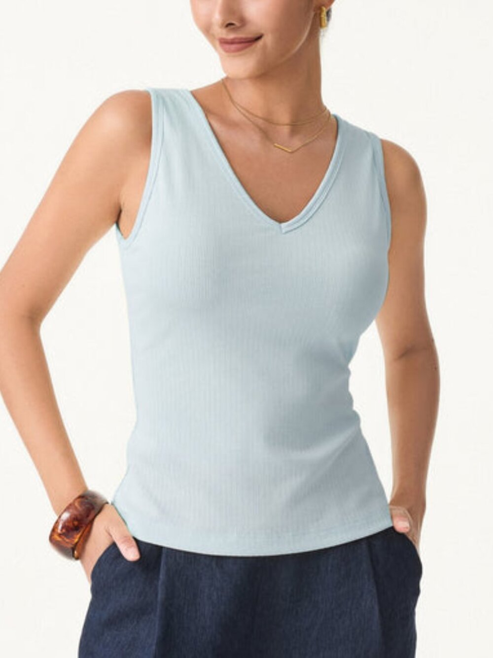 OGL Ice Blue Stretch Cotton Pointelle V-neck Bra Tank Top Size Small NWT